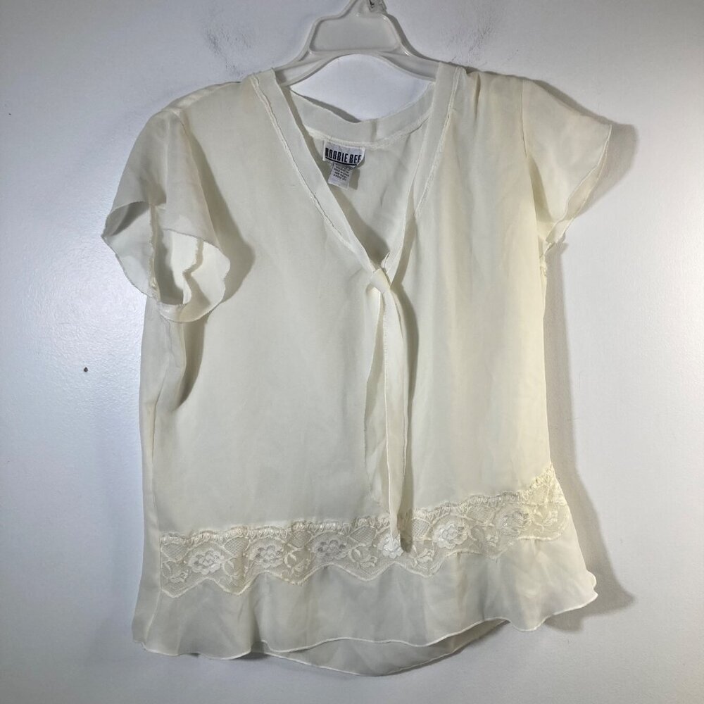 Womens Vintage Robbie Bee Sheer Neck Tie Blouse Cap Sleeve Lace Detail Cream 8 P